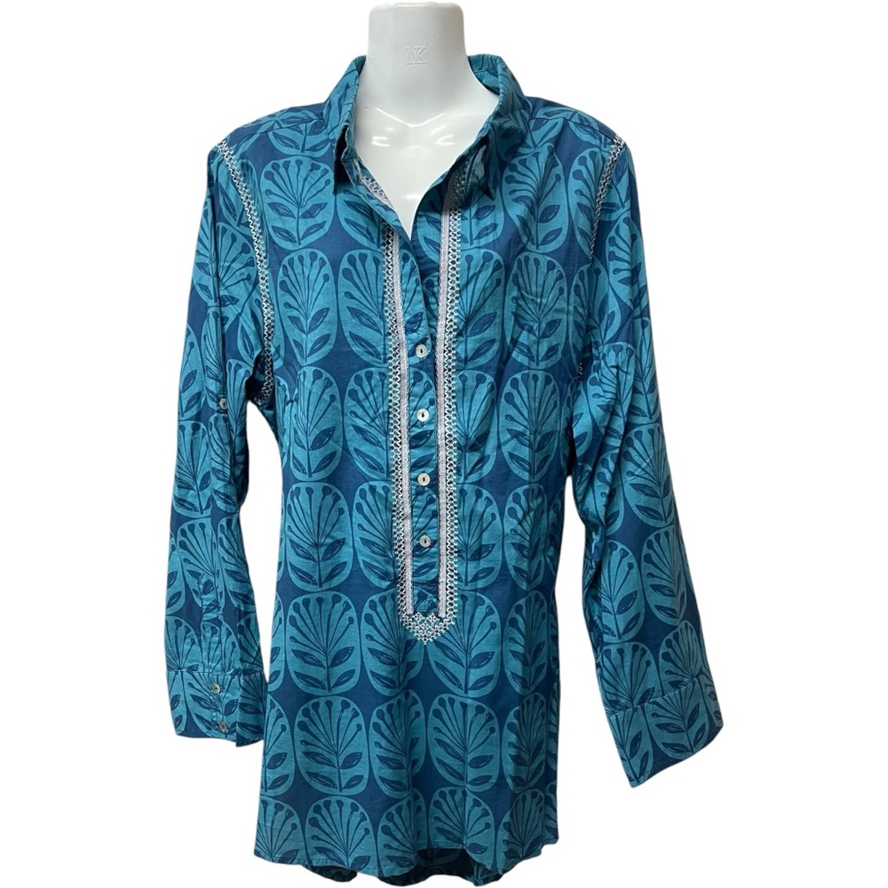 SIGRID OLSEN Tunic Kaftan Top Cotton Boho Whimsical Print Blue Teal Sz Large NWT